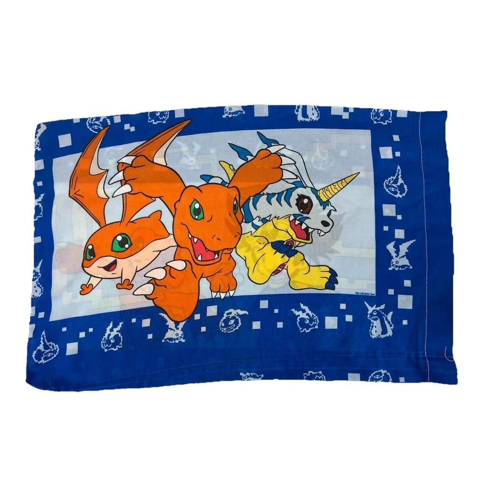 Vintage 2000 Digimon Standard Double Sided Pillow Case Y2K Tai Agumon Patamon